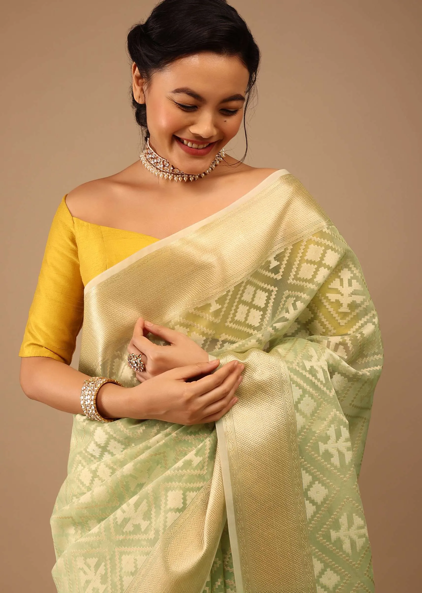 Moss Green In Handloom Cotton And Banarasi Chanderi Geometric Woven Pattern