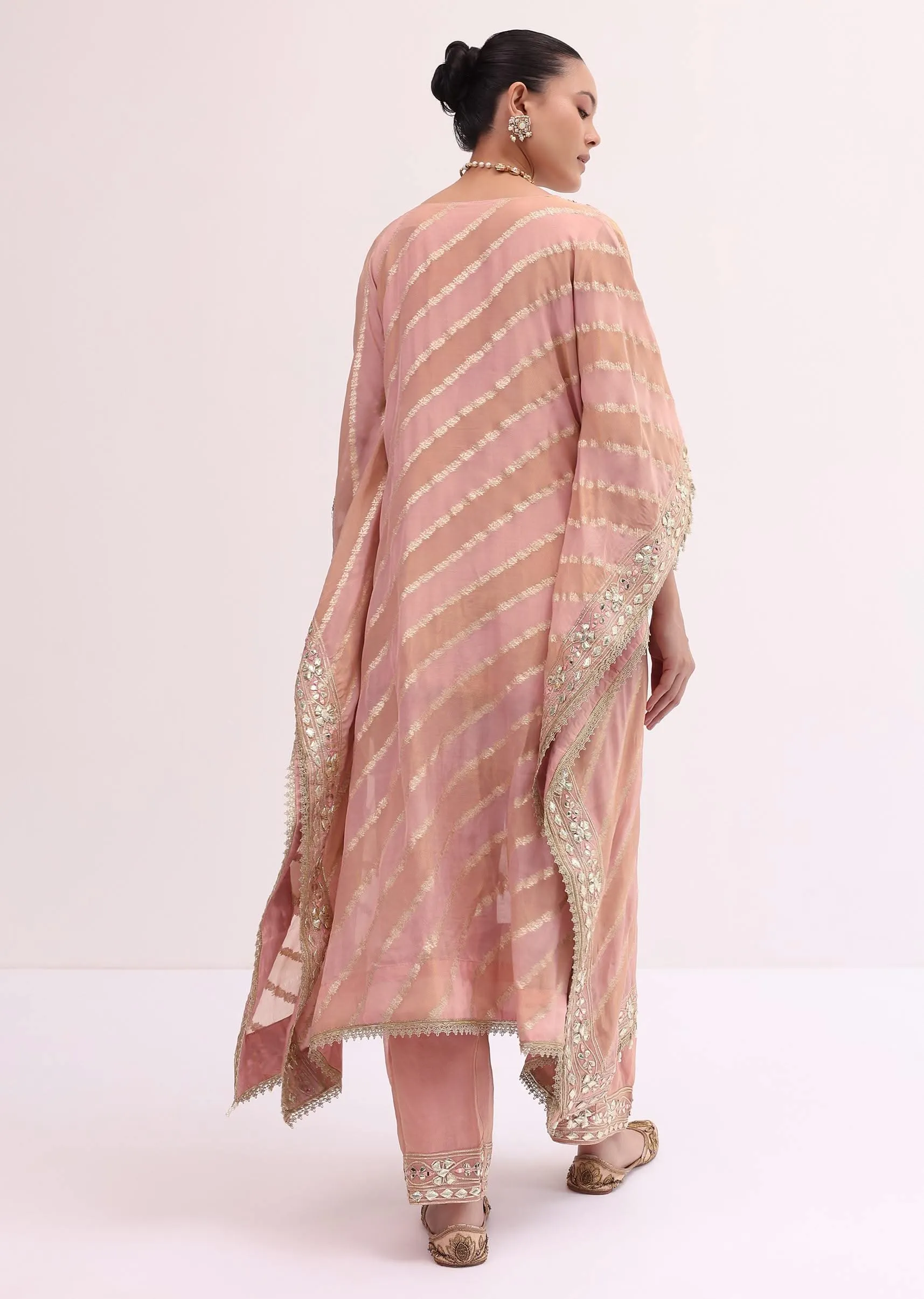Peach Chanderi Kaftan Kurta Pant Set