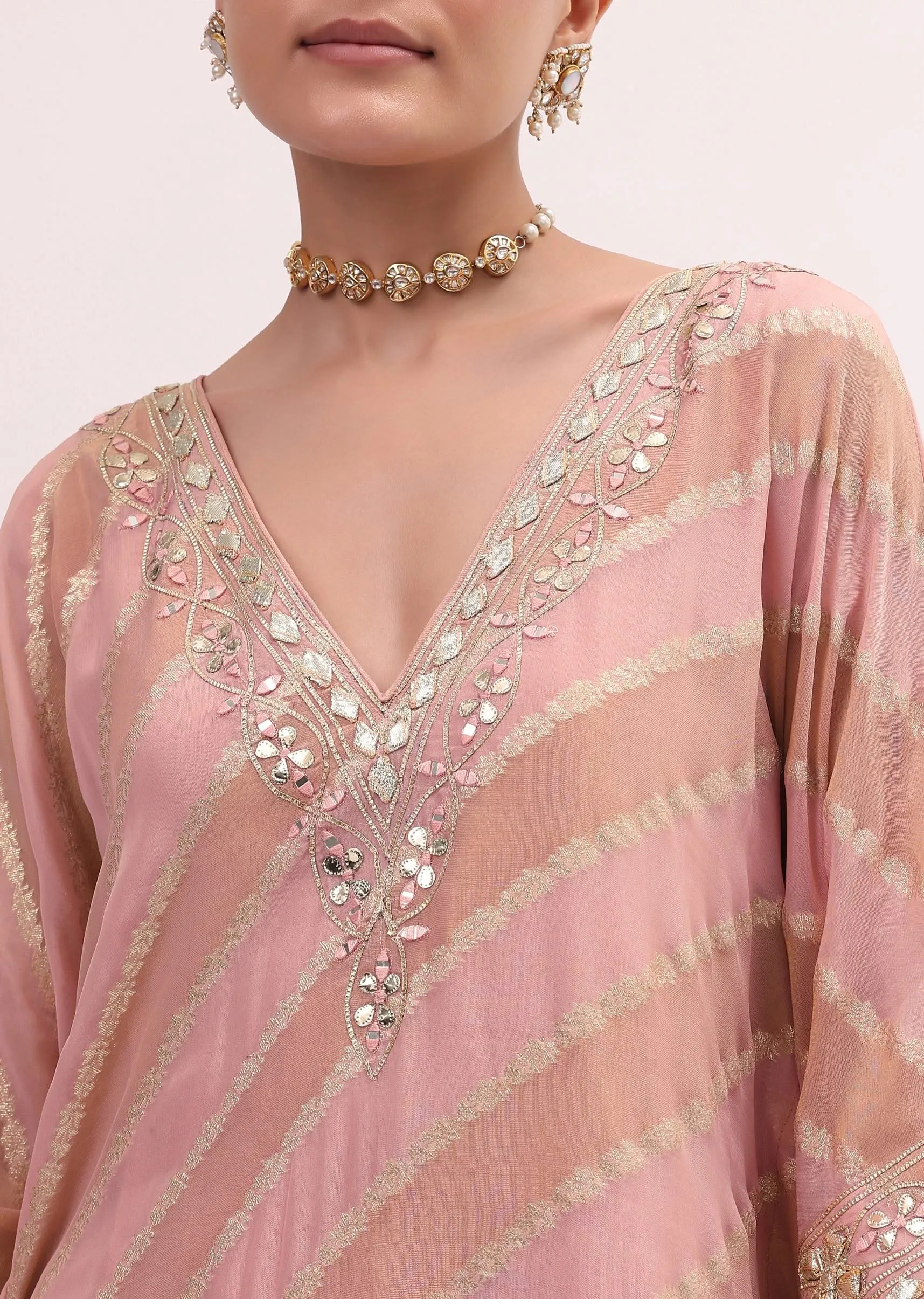 Peach Chanderi Kaftan Kurta Pant Set