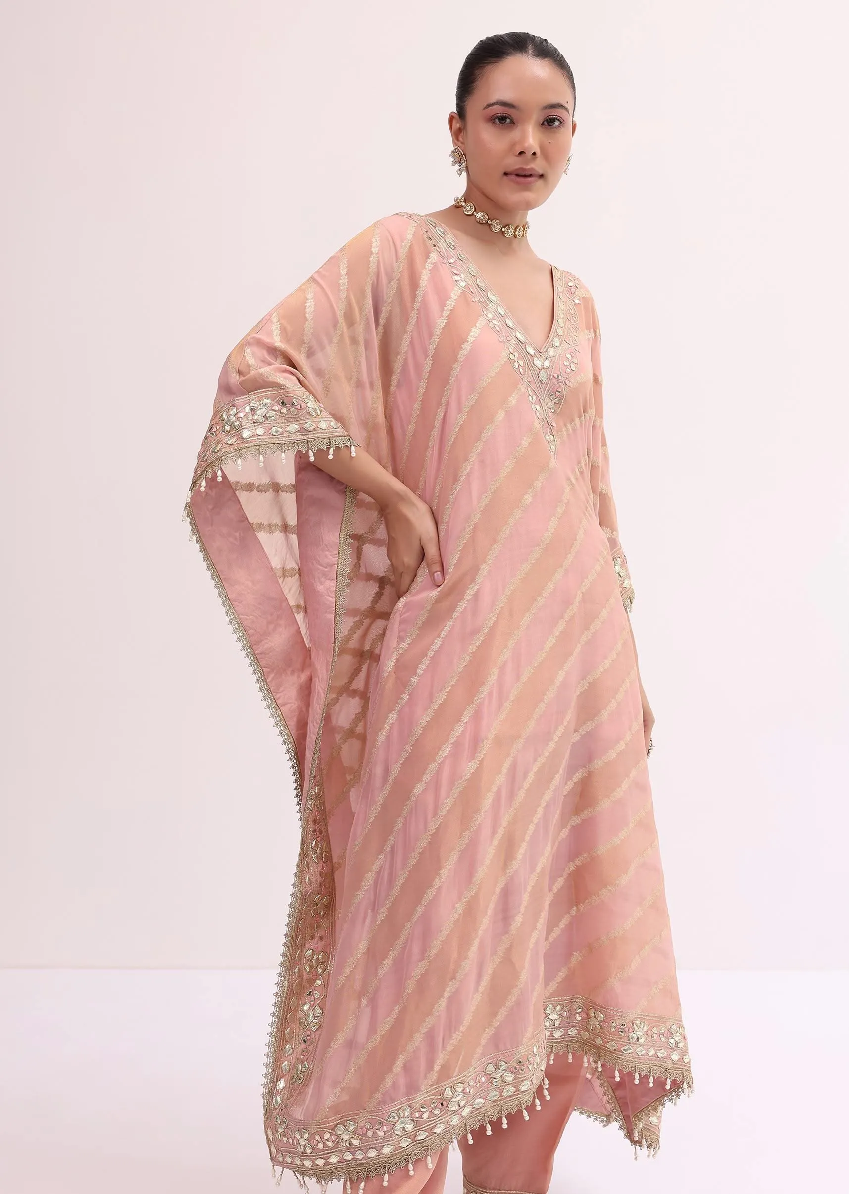 Peach Chanderi Kaftan Kurta Pant Set