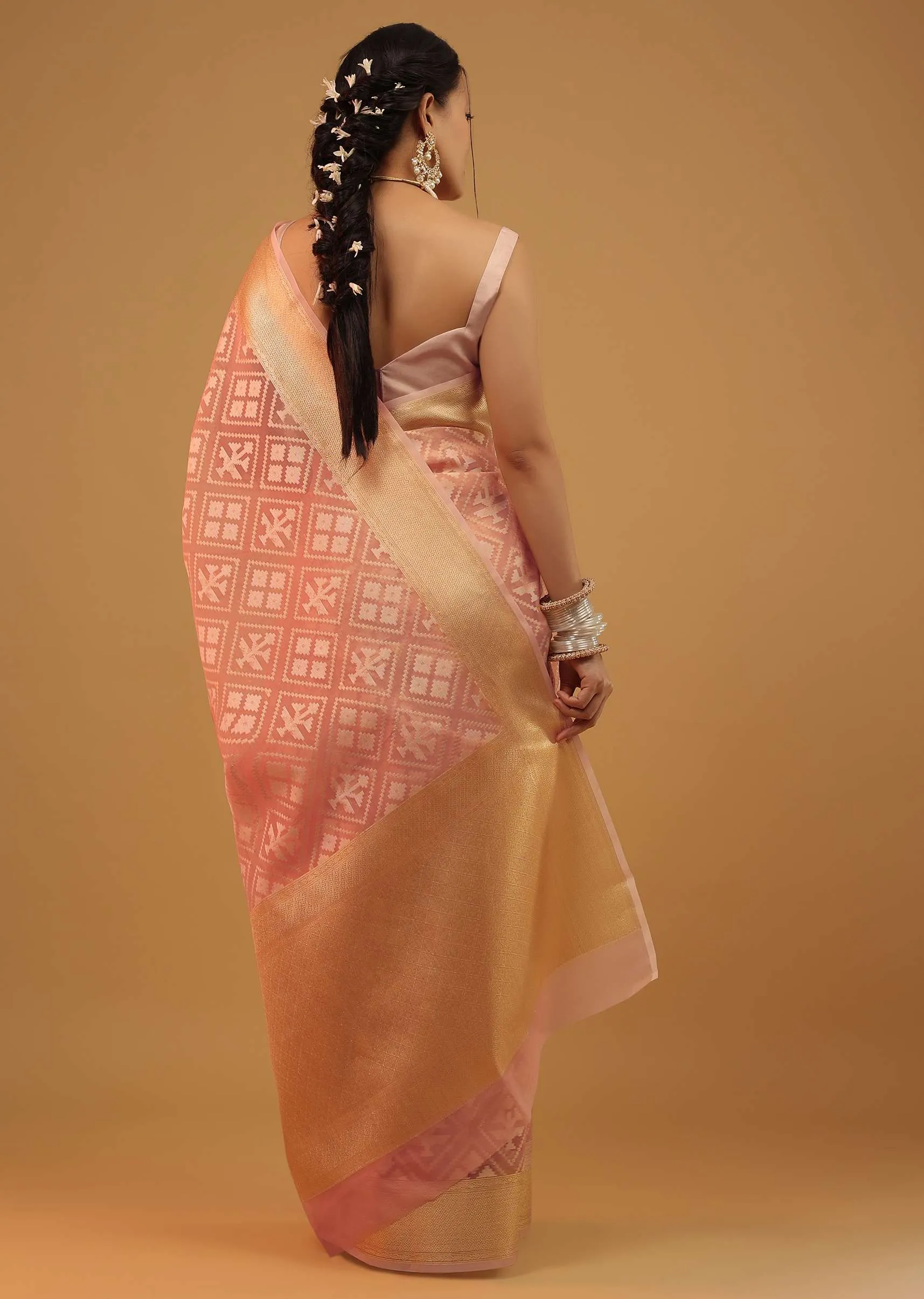 Peach Pink Saree In Pure Handloom Cotton With Banarasi Chanderi Weave