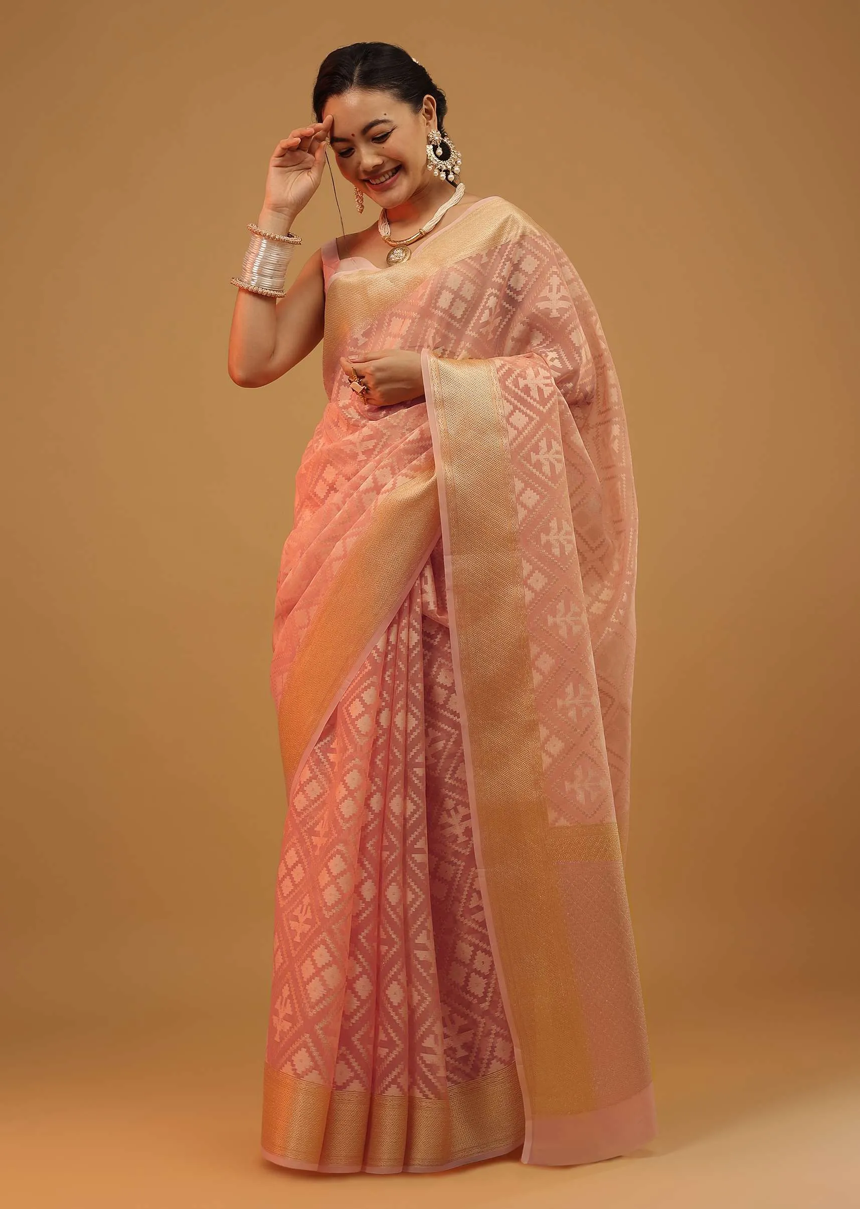 Peach Pink Saree In Pure Handloom Cotton With Banarasi Chanderi Weave