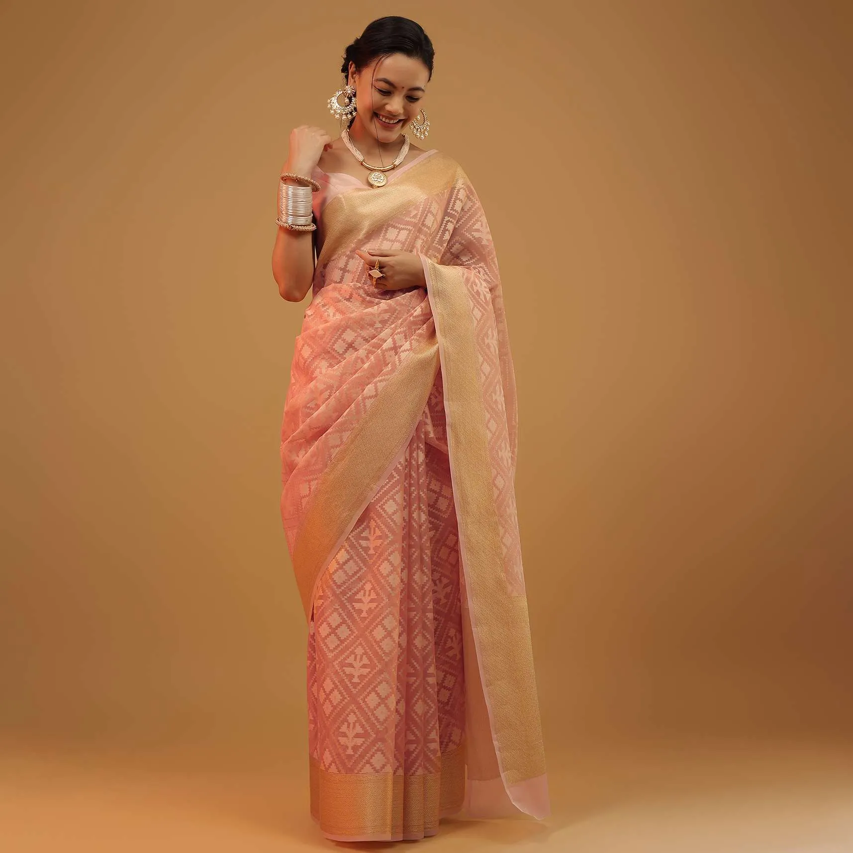 Peach Pink Saree In Pure Handloom Cotton With Banarasi Chanderi Weave