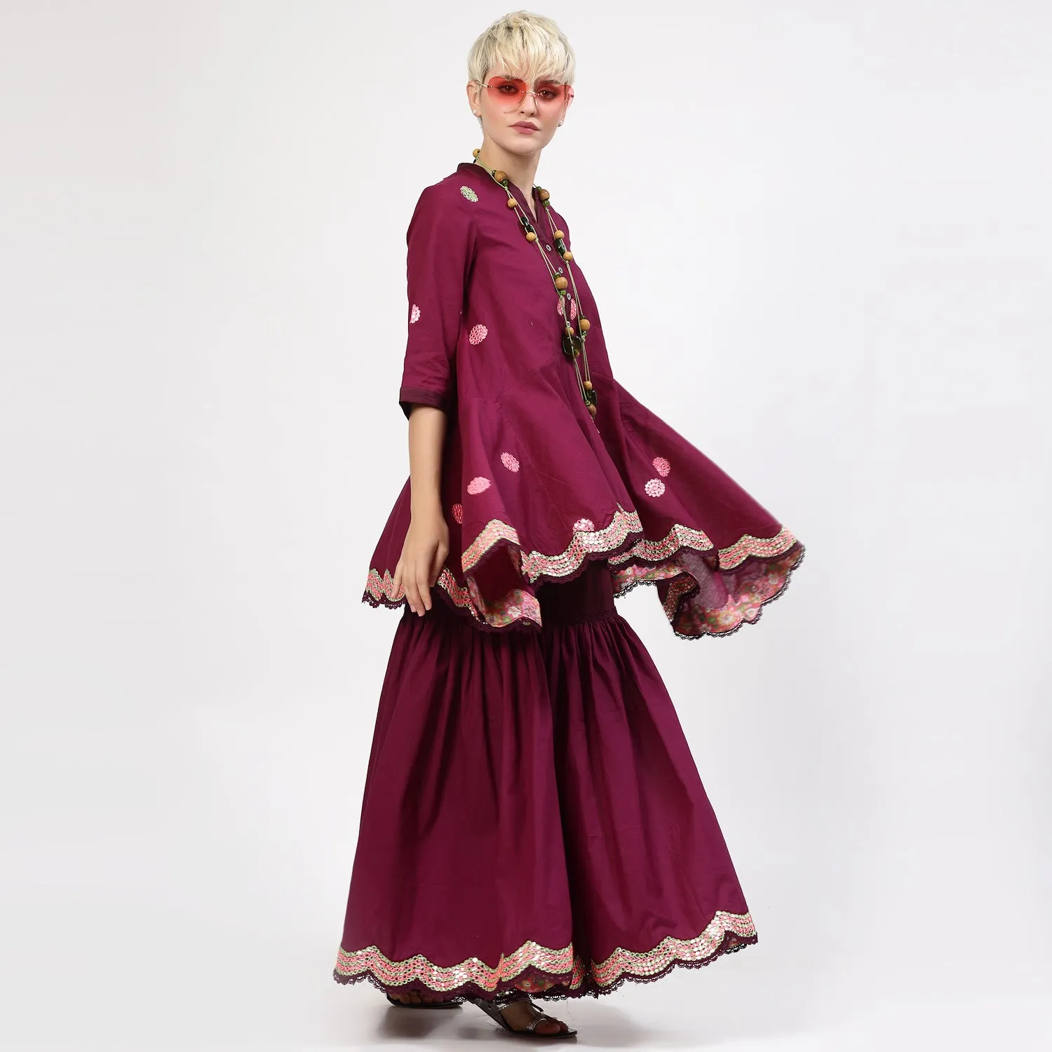 Purple Cotton Asymmetrical Top With Mirror Embroidery