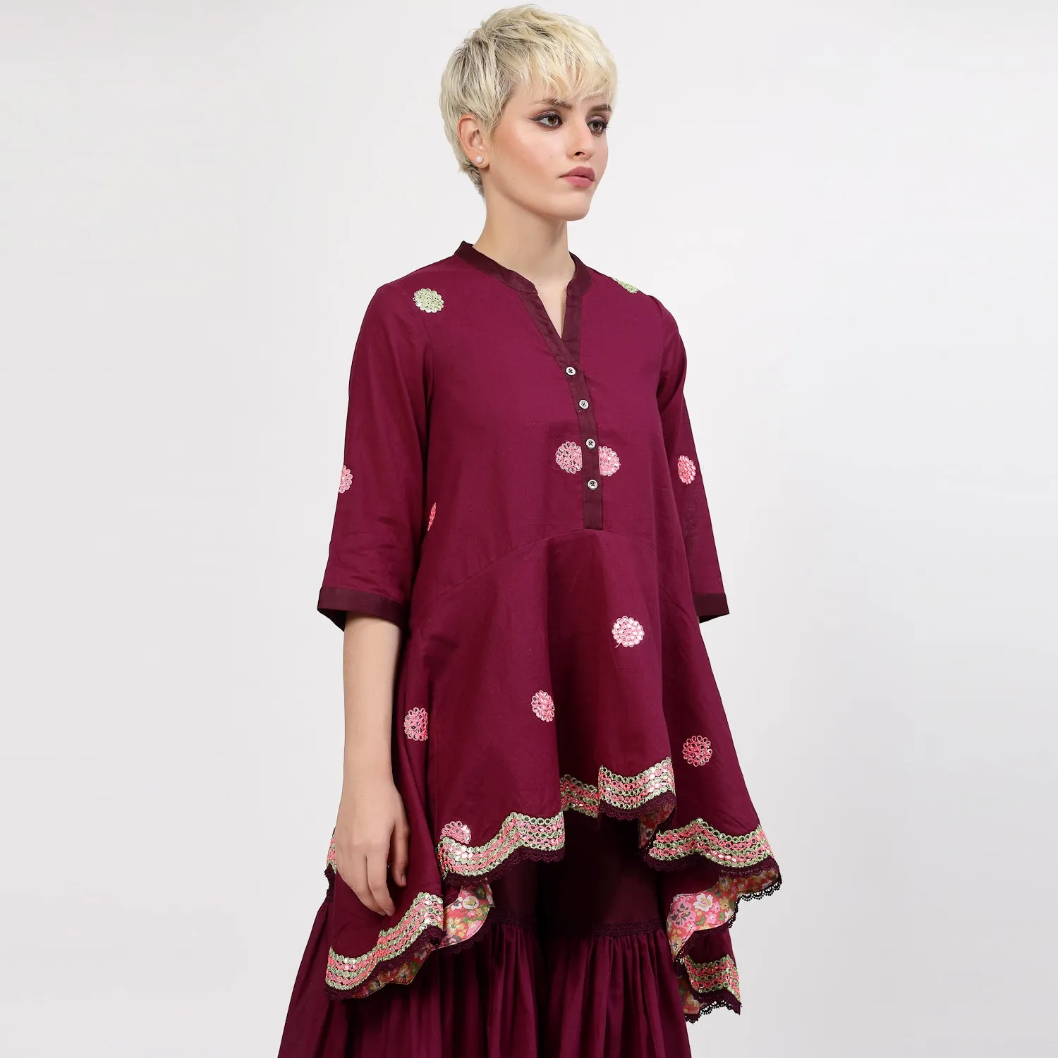 Purple Cotton Asymmetrical Top With Mirror Embroidery
