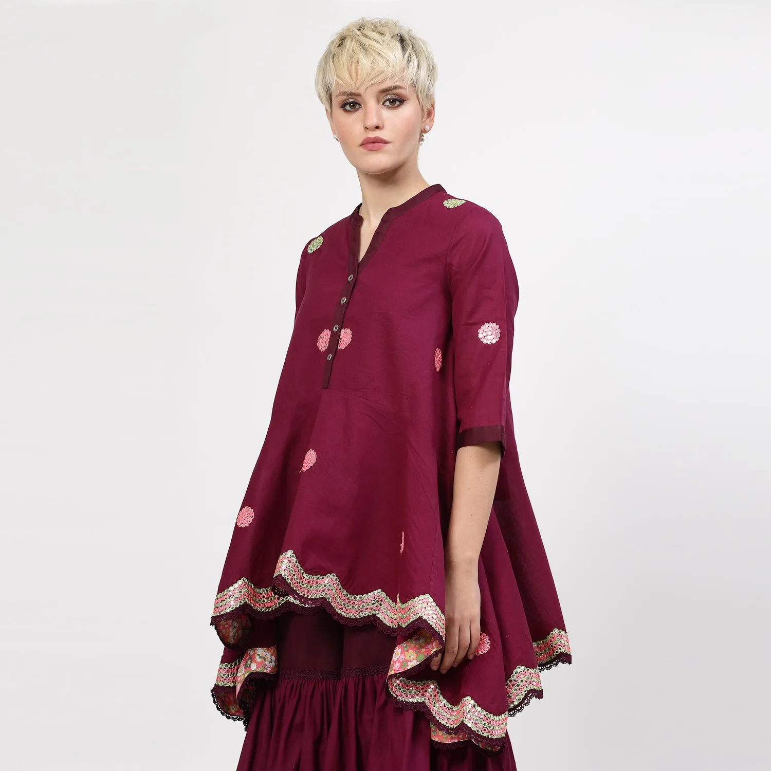 Purple Cotton Asymmetrical Top With Mirror Embroidery