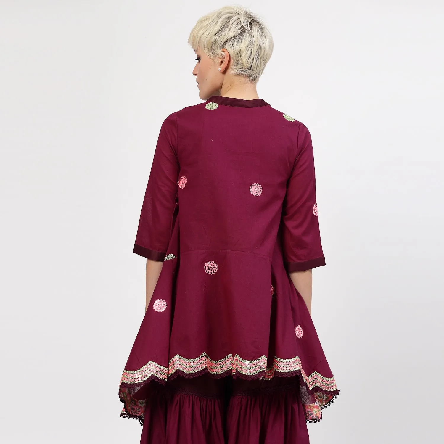 Purple Cotton Asymmetrical Top With Mirror Embroidery