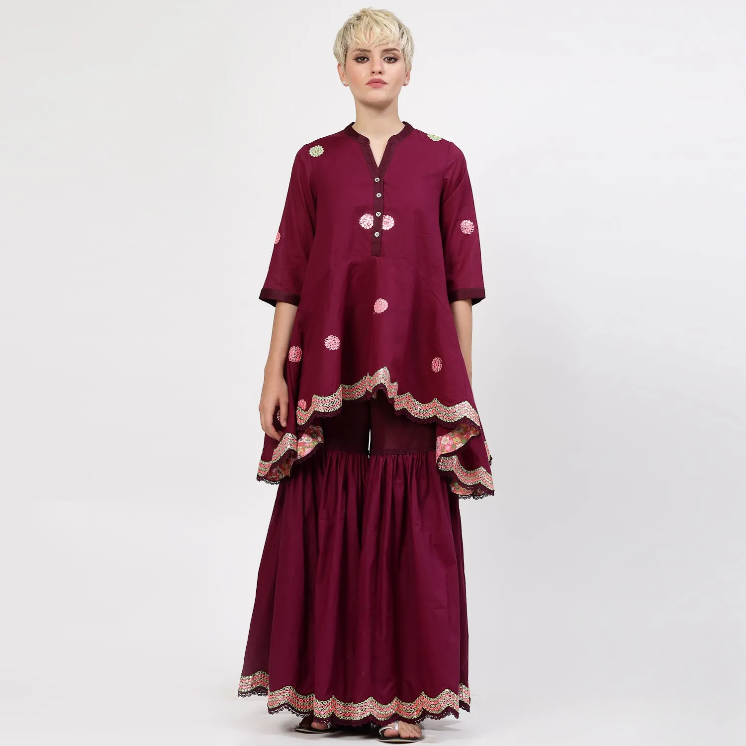 Purple Cotton Asymmetrical Top With Mirror Embroidery