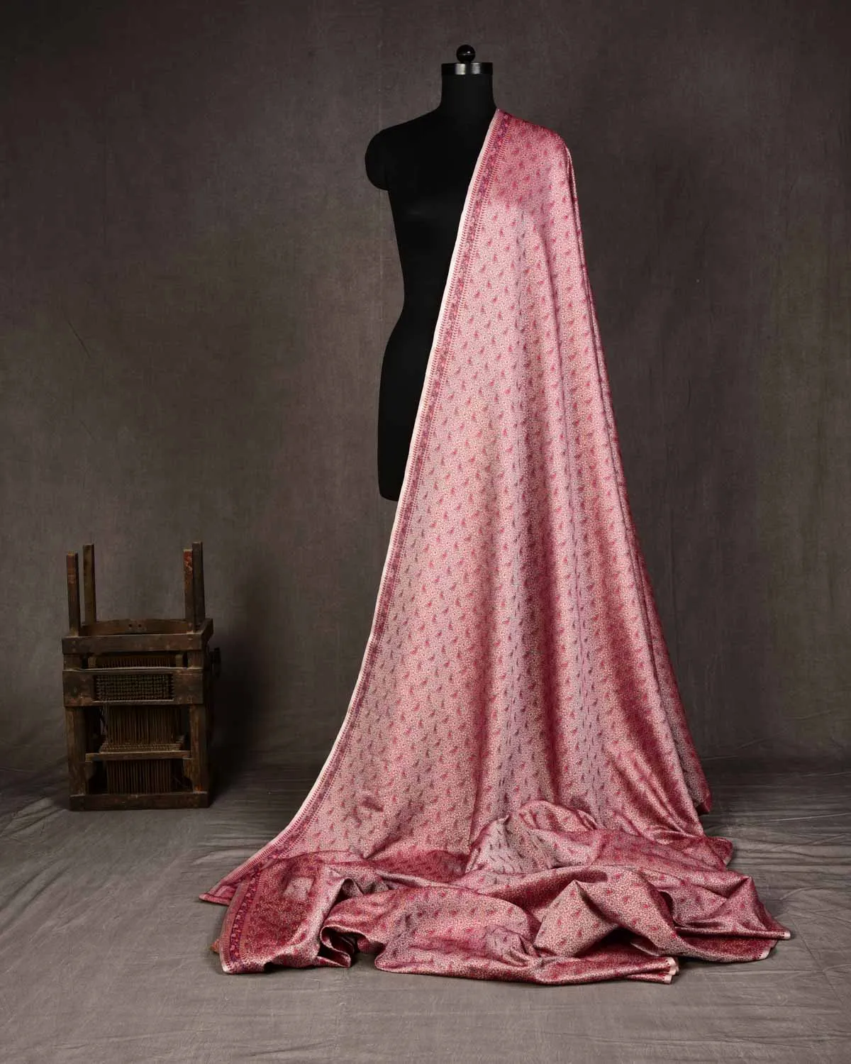 Rose Gray Banarasi Tehra Jamawar Handwoven Silk-wool Unisex Fabric with Zari Accents