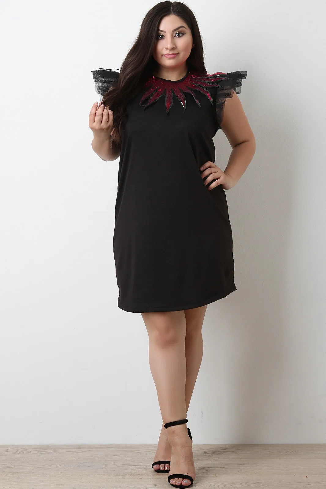 Sequin Patch Ruffled Tulle Sleeve Shift Dress