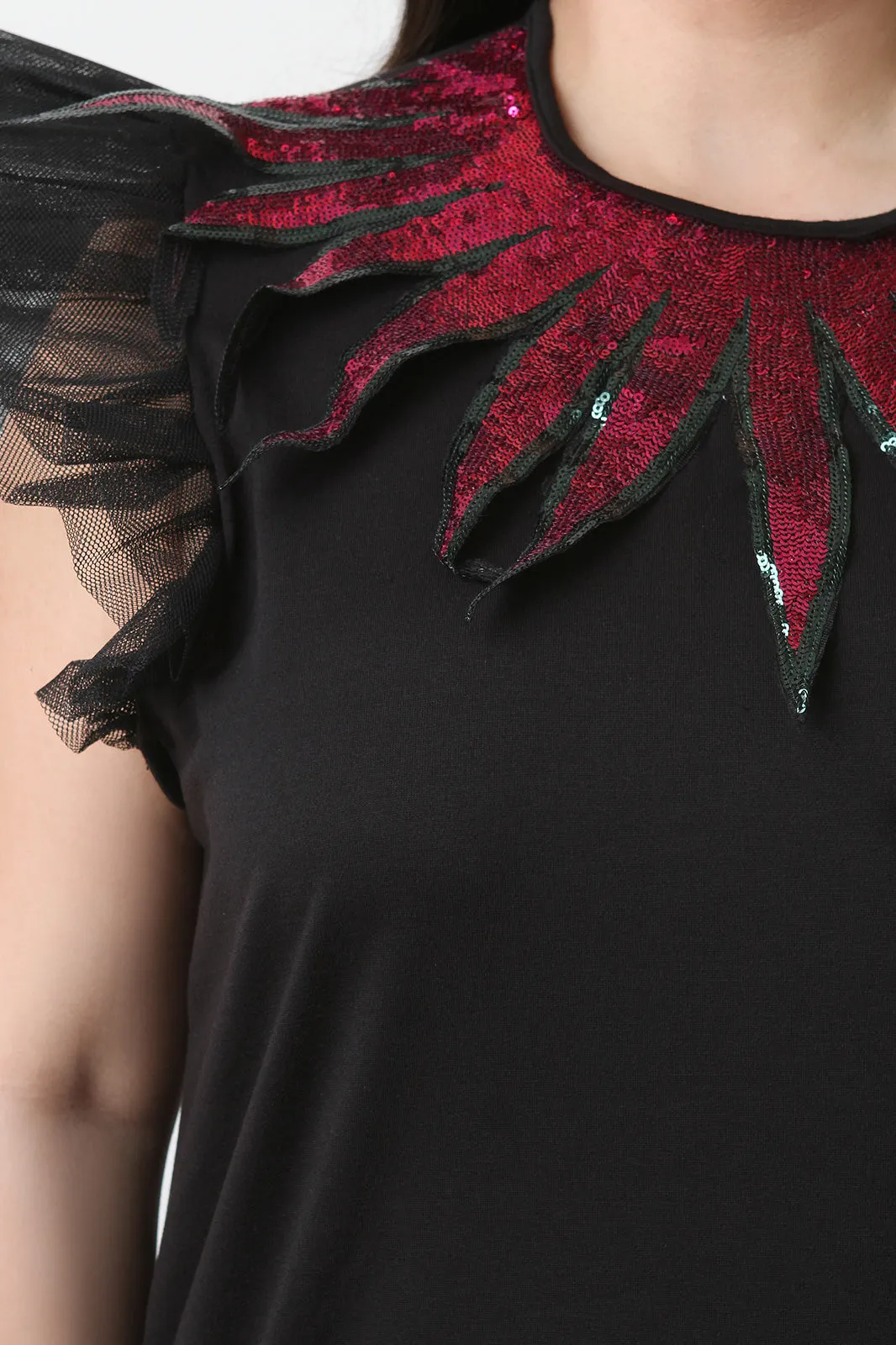 Sequin Patch Ruffled Tulle Sleeve Shift Dress