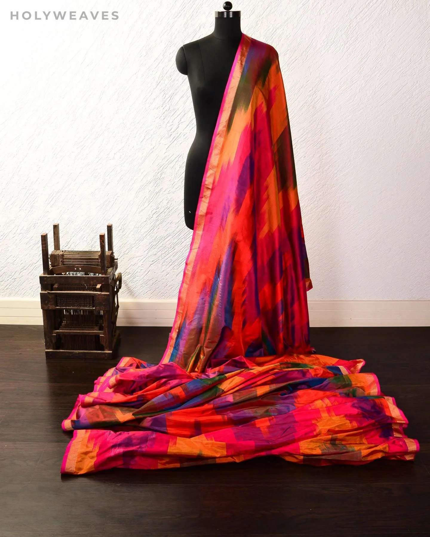 Vibgyor Red Banarasi Chevron Ikat Handwoven Katan Silk Fabric