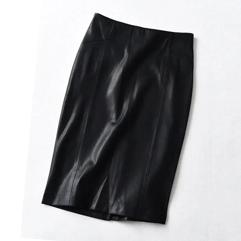 Women Soft PU Leather Pencil Midi Skirt Autumn Ladies Package Hip Back Split Faux Leather Pencil Skirt
